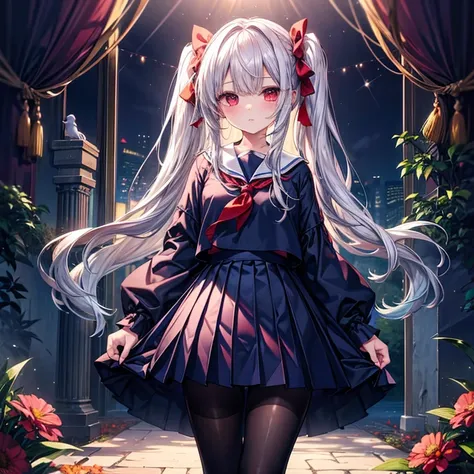 ((Best Quality)), ((masterpiece)), (  Details), ( super high definition)、Cute girl、 Very Very Young 、 
(long twintails with shiny silver hair、 hair bow)、 flat chest、 Red Eyes、 perfect face、(Perfect Fingers、Perfect hands)、 perfect body 、超 Detailsな肌、Very pet...