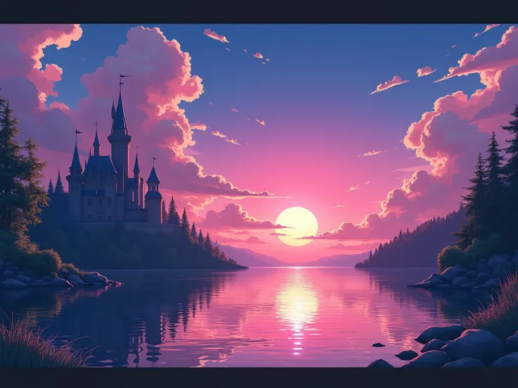 Sunset on the waterfront ,  sun through clouds ,  in the distance forest and fantasy castle , anime, Colors: red, blue,  purple sun almost touches the water