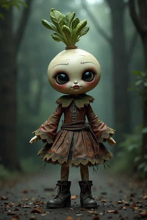 generate images of kawaii chibi character of (Japanese white radish head) zany scarecrow with a horror fantasy theme,(hands on hips:1.5), clothes must be highly intricate rococo style , elegant, and visually striking, highly detailed leather boots, resembl...