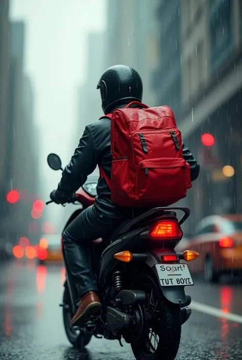 Motoboy delivering with his red backpack on his back in the rain 