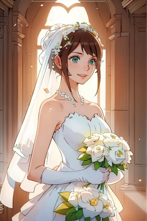 a young woman with brown hair, green eyes and freckles, smiling softly. she is wearing a white wedding dress and a white veil, h...