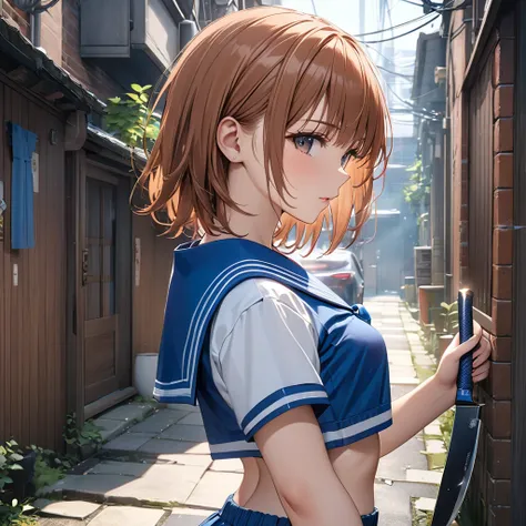  Japanese Knife, Two-Way, (Misaka Mikoto), Back Alley,  sailor suit, , (Small breasts), masterpiece:1.5, masterpiece, highest quality, UHD, retina, masterpiece, ccurate, anatomically correct, textured skin, super detail, high details, high quality, best qu...