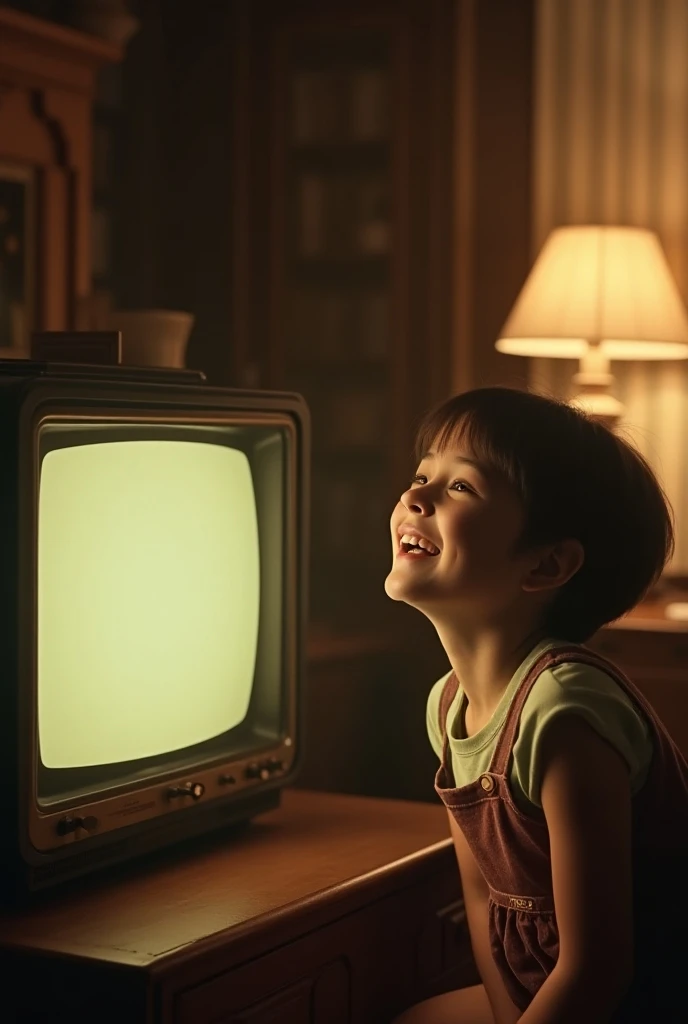 Happy  near a tube TV, in the past, ultra realistic 8k