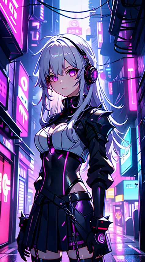 top-quality、top image quality、​masterpiece、android girl((sixteen years old 、broken, skinny , cybersuit glowing black, red and wh...