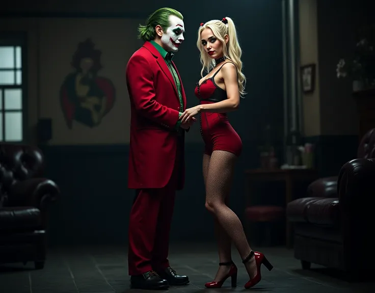 Glamour shot of a DC comic character, Harley Quinn, hollywood actress Jennifer Larence, (viewed from the side, looking at camera), (with The Joker), (full length image), stockings on view, wearing her outfit, detailed hair, dramatic lighting. BBIC