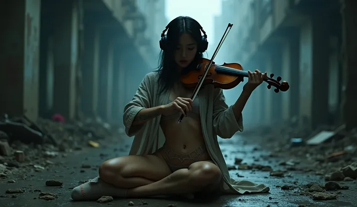 Beautiful unsexy woman, Clean face, wearing ripped bra , Wearing a torn robe, torn socks, ripped shirt, tattoo on the arms,  using DJ headphones , Sitting on the floor with open legs showing her intimate part during the night, playing violin, Dirty mud mod...