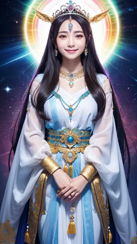  One Extraordinary Goddess , Beautiful, nice,  tiara , Full of compassion, smile,  Hikaris Extraordinary Background  、 Spiritual
Long sleeves facing the front of the upper body, hands together in front
