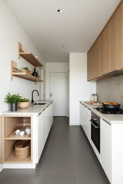  The kitchen consists of a wall painted with acrylic paint in white with a matte finish. At the top,  There is also a wooden shrimp holder and glass ,  that separates the kitchen from the dining room .  also made of Freijó and upholstered with the same fab...