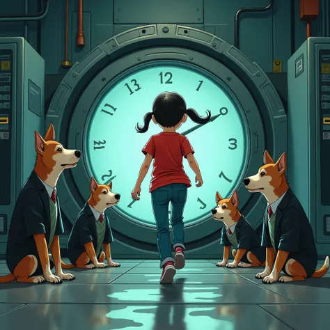 A Thai comic-style image of a young girl wearing a red T-shirt, long jeans, and Converse sneakers, running out of a time-travel machine. Outside the machine, several dogs dressed in suits are sitting and standing as they work. The atmosphere is realistic, ...