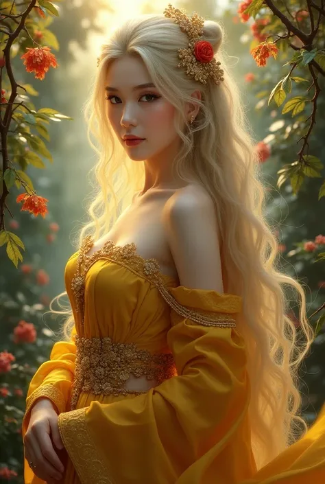 . She is a fantasy  .   She is a very beautiful 35-year-old woman with long blonde hair and black eyes.   she wore gold clothes with a mature body. She had a breast size of F-cup  , white skin,  Its length is 180 cm
 In the Chinese fantasy painting style  ...