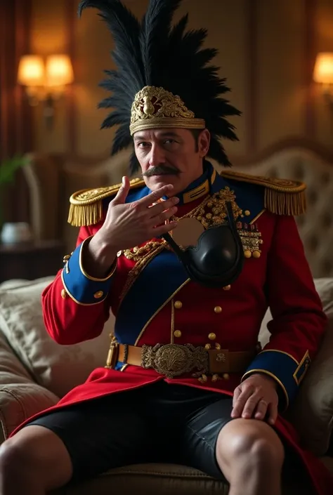  in red and blue officer dress ,With a mustache,Warlord wearing feather hat , Warlord with sword at waist , clutching a black leather bra in a super luxurious bedroom ,Sitting on the bed, holding a black leather bra with half removed, black leather shorts ...