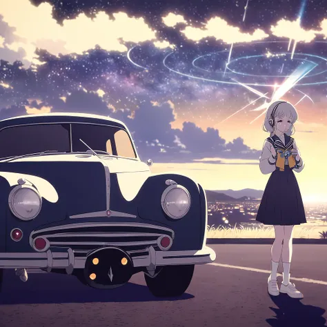 
A beautiful Japanese girl wearing a sailor suit stands in front of a large black American car from the 1940s. She is crying,She is wearing a black miniskirt. She is wearing white socks. She has a heat ray gun. She wears fashion from luxury brands. She is ...