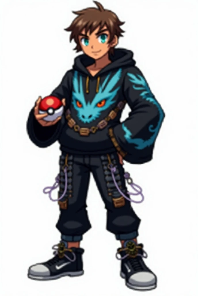 Create a full-body PIXEL ART of a male character, adult,  in the style of the game :  Pokemon Black and White following the following instructions . Make it VERY LOUD. Make him slightly muscular , not a lot.  Make him have brown skin .  Make the character ...