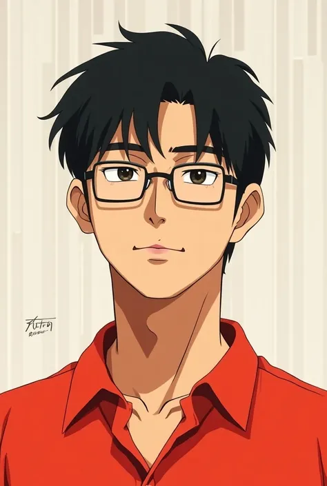 COOL 25TH AGE JAPANESE MAN SQUARE FACE WEARING GLASSES RED SHIRT SHORT HAIR ANIME STRIPES
