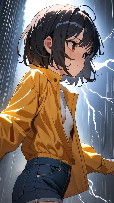 1 girl, ( cute face),  Short Hair, Anxious expression,  Waterproof Jacket ,  denim skirt, Small breasts,  Firm Posture, Sweaty skin,   
break, Sound of Thunder , (Strong light:1.4),  Dynamic Hues ,  Tight Atmosphere , break, Heavy Rain, Bright lightning,  ...