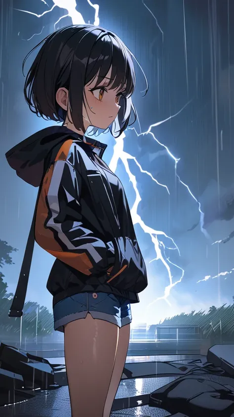 1 girl, ( cute face),  Short Hair, Anxious expression,  Waterproof Jacket ,  denim skirt, Small breasts,  Firm Posture, Sweaty skin,   
break, Sound of Thunder , (Strong light:1.4),  Dynamic Hues ,  Tight Atmosphere , break, Heavy Rain, Bright lightning,  ...