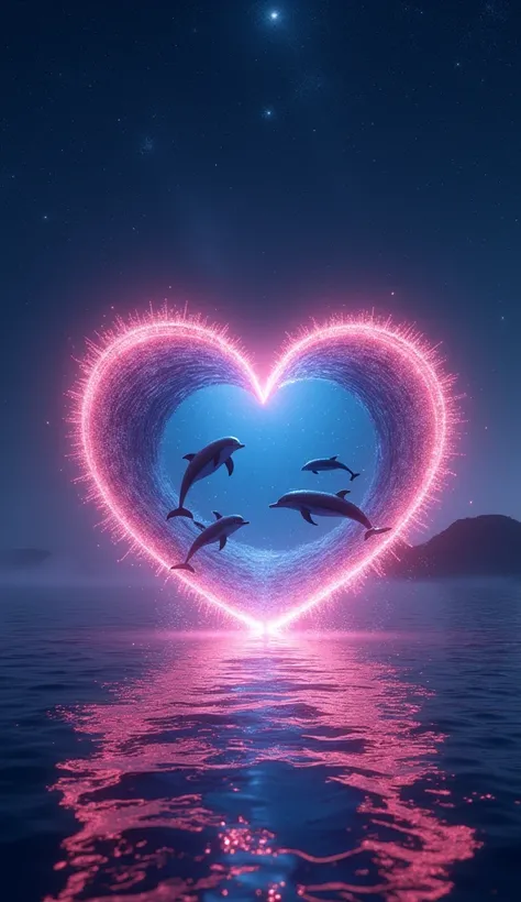 A sparkling open heart object、romantic、photograph、Panorama、Neon color、Bright colors、Ultra-high resolution、
Inside the open heart is a picture of the ocean、Countless stars in the background、The overall image is dark, but the heart-shaped object shines brigh...