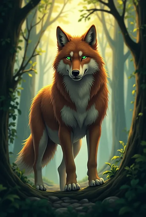 


" A brown-haired wolf with bright green eyes ,  standing in a forest at dusk .  The wolf has a strong and noble expression , his fixed and deep gaze .  The surrounding forest is full of tall trees and thick vegetation ,  with soft lights that filter thr...