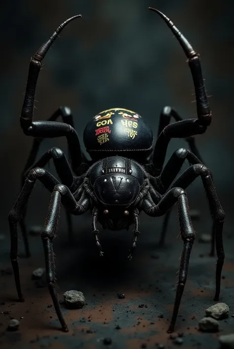 Generate an image of a black widow , in a rock and roll style /underground. Put a denim vest on her with several famous band patches,  as well as make it make the rock symbol with one of its legs just like Ronnie James Dio.  It has to be like an ordinary s...