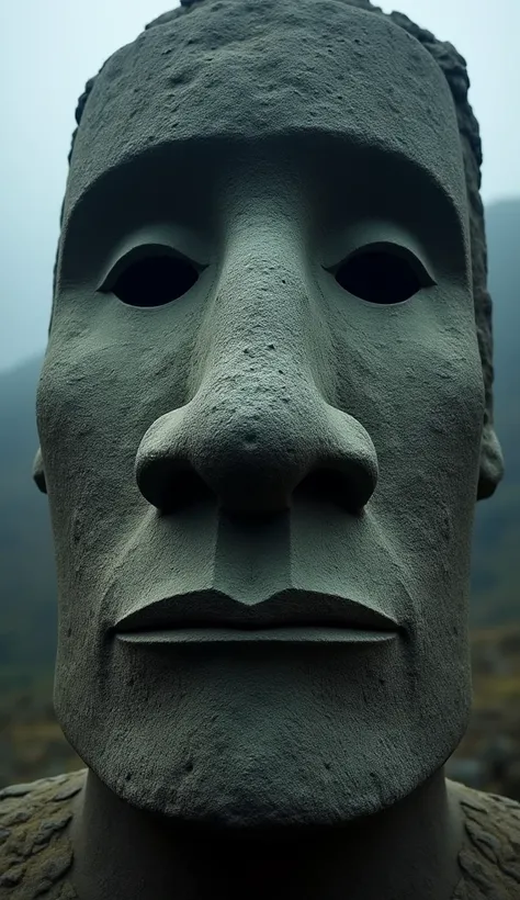  Close-up view of the carved eyes of a moai,  imposing and mysterious look ,  deep stone textures , contrast of light and shadow, , mystical setting 