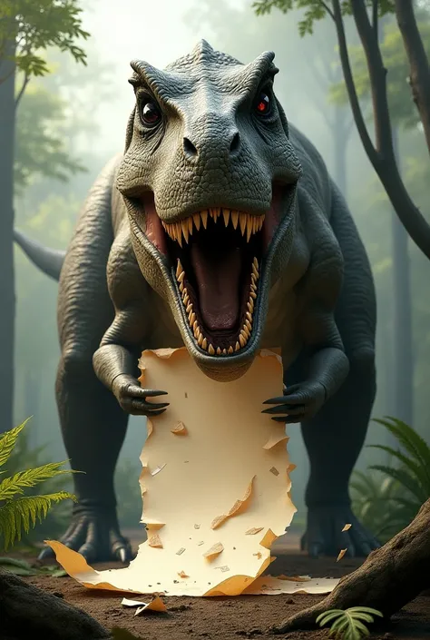 A tyrannosaurus rex biting off a piece of paper in the Jurassic 