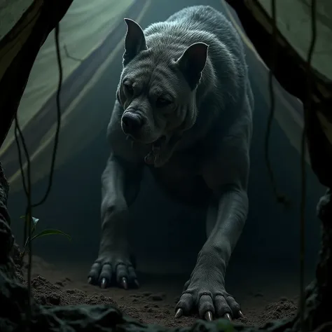 photographed, huge unknown female canine creature, great Dane, on bed, horror vibe, detailed, best composition, dramatic lighting, horror, scary, perfect paws, short fur, anatomically correct, in wilderness tent