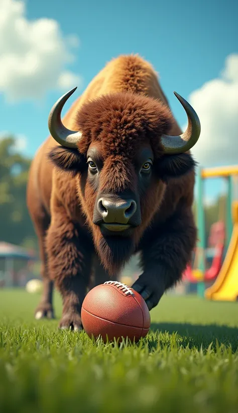 a buffalo playing american football on a playground, highly detailed, 1buffalo, (best quality,4k,8k,highres,masterpiece:1.2),ultra-detailed,(realistic,photorealistic,photo-realistic:1.37),HDR,UHD,studio lighting,ultra-fine painting,sharp focus,physically-b...