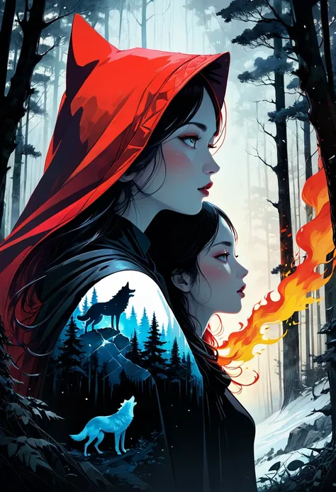 (Double exposure:1.3) effect of Little Red Riding Hood and the Wolf silhouette, superimposed against dark forest sky by Conrad Roset, Brandon well, Andreas Lie, Dan Mountford, Agnes Cecile, Jeremy Mann, oil and ink canvas, fine art, super dramatic light, p...