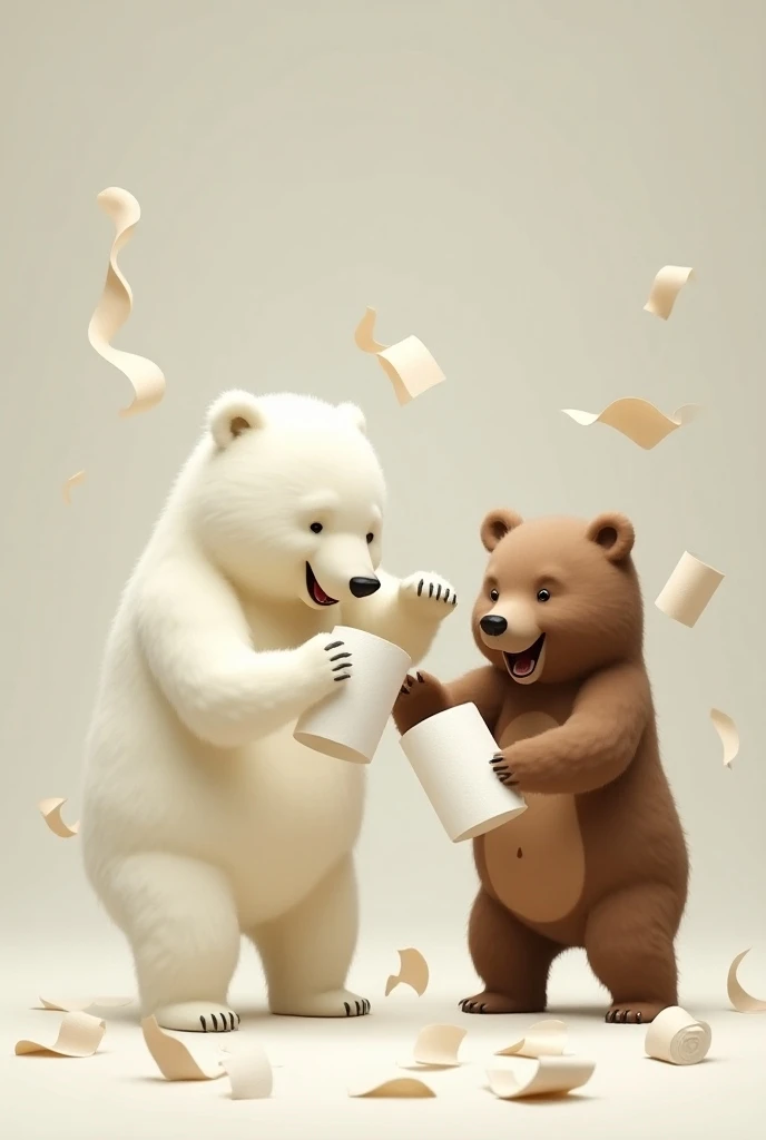 I want two bears, one polar and one grizzly, playing with paper towels.