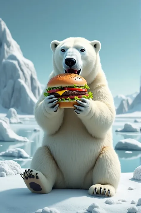 Polar bear eating hamburger