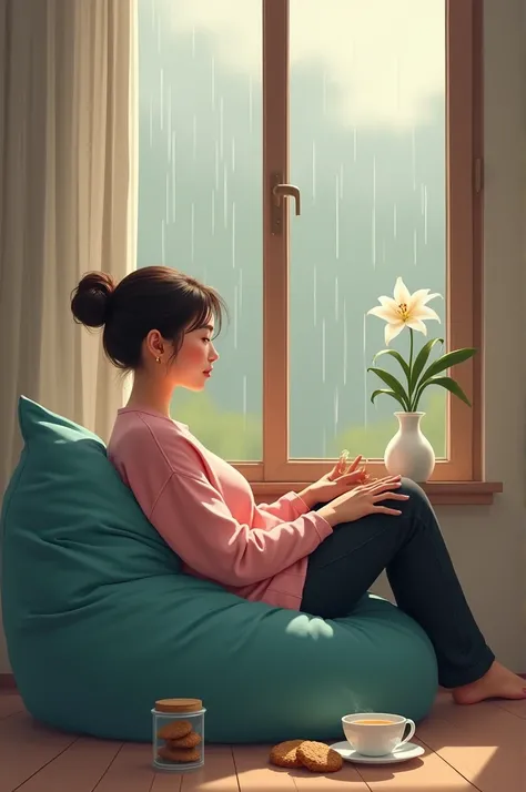 A fat asian woman with a bun hair dark brown wearing pink soft sweater  and black pants look from her behind while sitting in a Tosca green blue big bean bag infront of an open window while raining  with a cup of hot tea and piece of cookies in jar and a w...