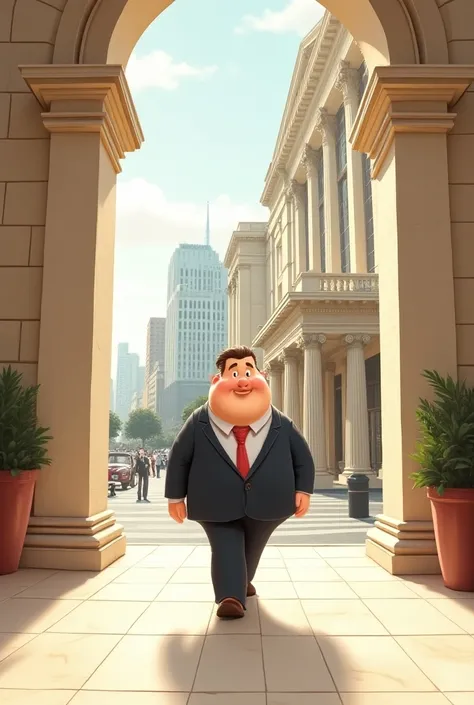 A manager going inside a bank cartoon and the third view should be outside 