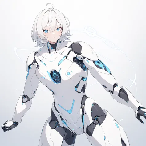 A futuristic male robot with sleek, metallic white hair and striking, sky-blue eyes that seem almost human. His face and body have a refined, humanoid design, with smooth metallic surfaces and intricate circuitry subtly visible beneath. His expression is c...