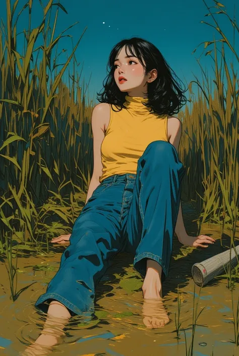 reputation damaging illustration, woman, turtlenecks and skinny flared levis jeans ,drowning in mud bog, green brown reeds, duckweed, evening, stars sky, red lips, seductive pose, 