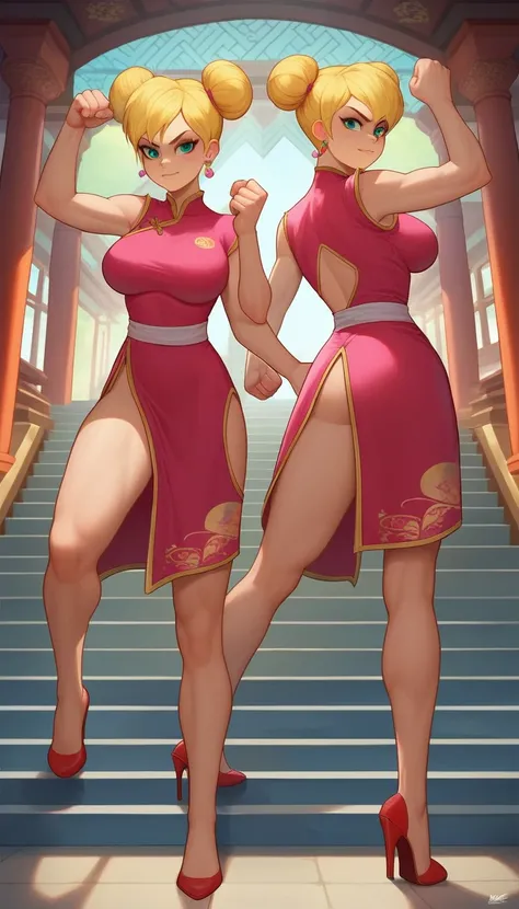 lola loud, 2girls, duo, 24yo girl, large breasts, pink cheongsam, inside of a chinese temple, looking at viewer, blonde hair, two hair buns , hands score_9, score_8_up, score_7_up, high heels, teep fighting stance,martial arts, stairs behind her, guarding ...