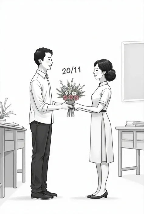 create a black and white picture about  1 male Students give flowers to their female teachers On Vietnamese Teachers Day November 20. Draw number 20/11