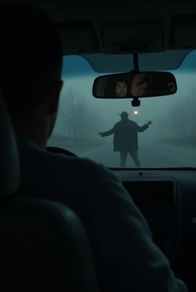 "Inside the car, a subtle and eerie sense of presence can be felt. The man’s fearful expression is reflected in the rearview mirror, but the backseat remains empty. The atmosphere is heavy, with an unnerving sense that someone—or something—is in the car wi...