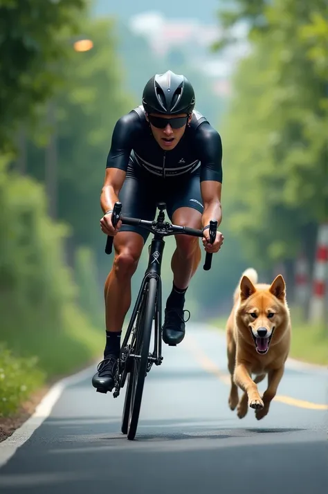 Cyclist on a speed bike running from a dog