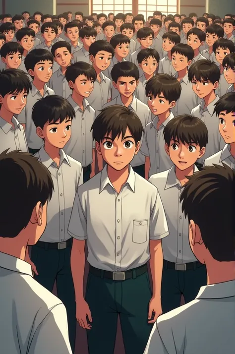 100 boys of school wearing white shirts watching a smart boy in school