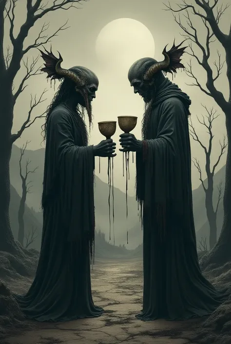 Dark, terrifying illustration of Two of cups ; ((two figures, one male and one female)), standing face to face with distrustful expressions, wearing tattered and dirty robes, ((holding two corroded and cracked cups)) from which drips a dark, murky liquid, ...