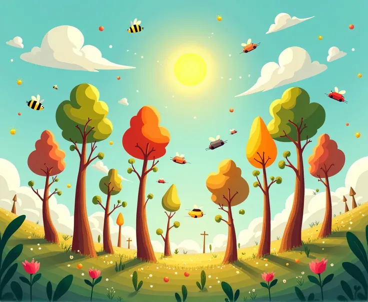 Create a cute colorful cartoon, dancing nine tall trees reaching for the sun
Ten big clouds floating around for fun
Eleven bees fly around its nest
Twelve fast cars driving