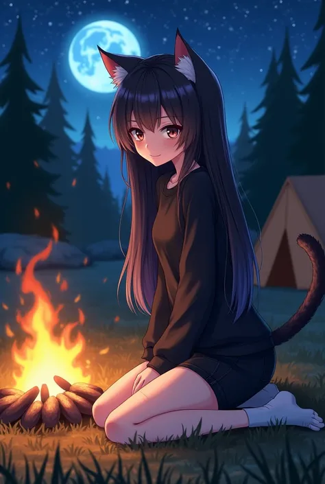  Create a female anime character , with 1,70 tall,  with long brown hair and a dark blue fringe ,  Black Eye Color, a black sweatshirt,  a short ripped black shorts ,  white socks,  she will have a kittens tail and a kittens tail the same color as her hair...