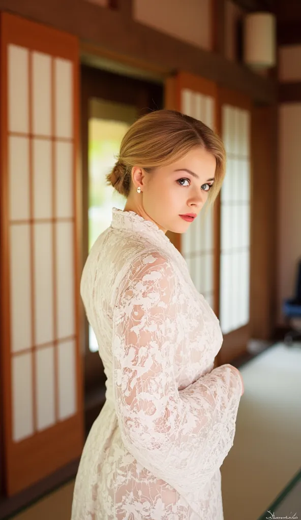 the image captures a beautiful young woman with blonde hair and blue eyes, elegantly posing in a traditional japanese-style room...