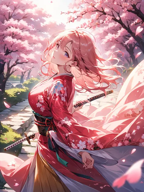 A beautiful woman in a vibrant kimono performing a sword dance under a fully blooming cherry blossom tree, A dancer performing a sword dance with a sword in one hand, katana gleaming in sunlight, cherry blossom petals swirling in the wind, ethereal atmosph...