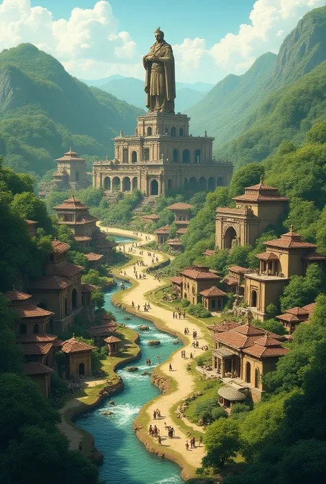 ancient civilization with houses, river, people, animals, nature, unique building/castle and one big statue in the middle not a buddhist a king or queen in landscape