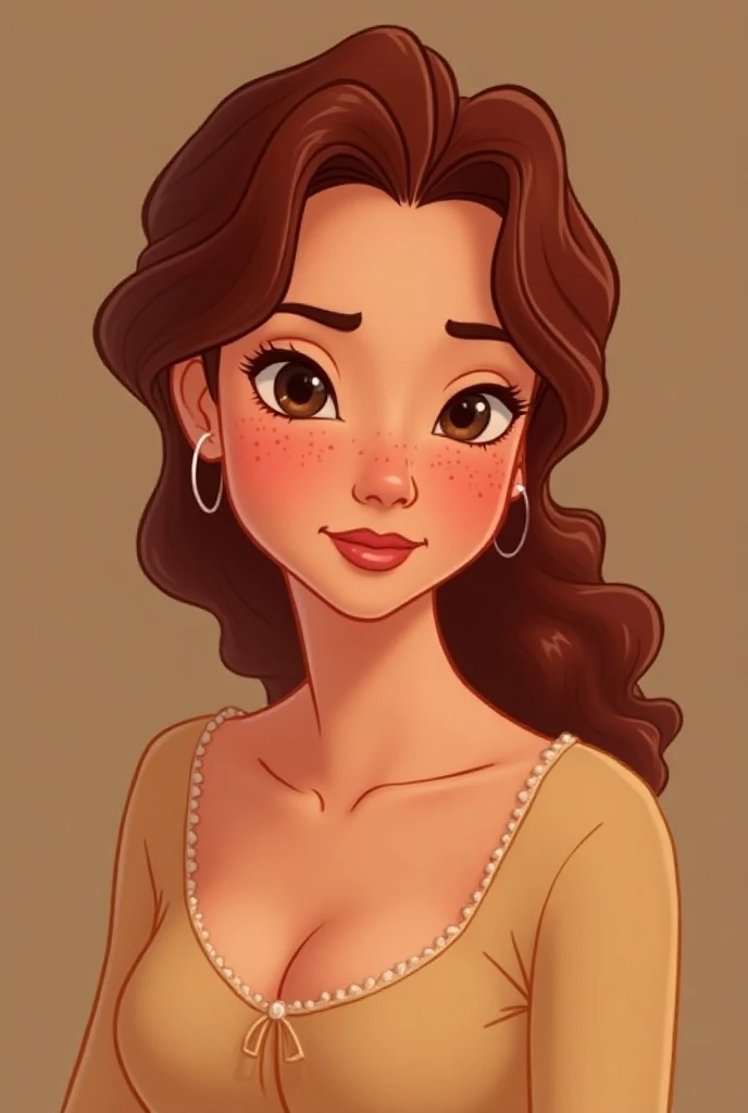 " A portrait stylized in the style of classic Disney movies , showing a fat woman smiling softly.  She has dark hair with shades of red , expressive eyes,  fair skin with small freckles and lips with soft pink lipstick .  Her expression is friendly and swe...