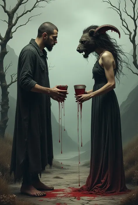 Dark, terrifying illustration of Two of cups ; ((two figures, one male and one female)), standing face to face with distrustful expressions, wearing tattered and dirty robes, ((holding two corroded and cracked cups)) from which drips a dark, murky liquid, ...