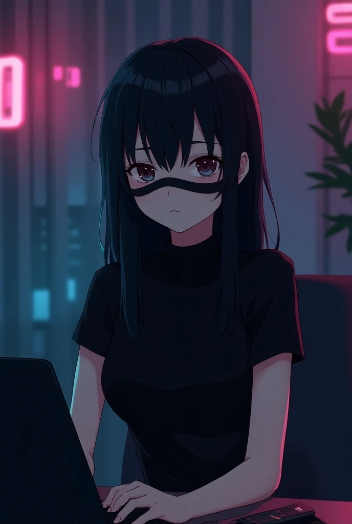 Create an anime female hot  character who appears hot and cute. SHe has a good face and is wearing a black face mask and a black half top. The character is sitting behind her laptop in his office, with her arms on the desk. It is night, and the room featur...