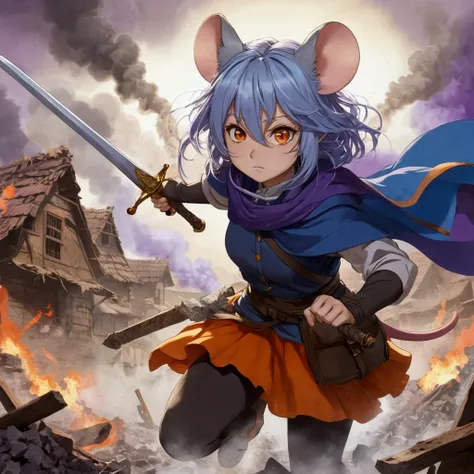 mouse ears, mouse tail, mature female, Orange eyes, full body, 168cm, gradient hair(skyblue, purple), background Broken Village(smoke, debris), action, adventurer, holding Excalibur, traditional_media, hair between eyes, orange skirt, blue robe, tatters, T...