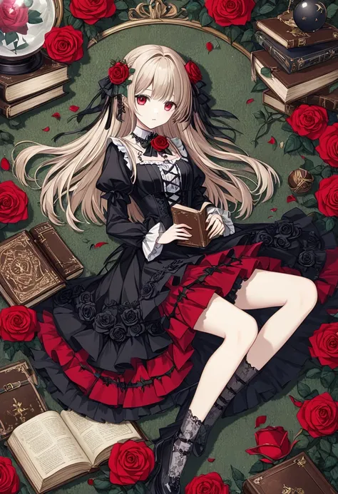   thin and soft painting style 、Mysterious、gothic、doll、Rose Maiden 、gothic dress 、 ball joint 、、  an old book is on the side  、  surround it with red roses 